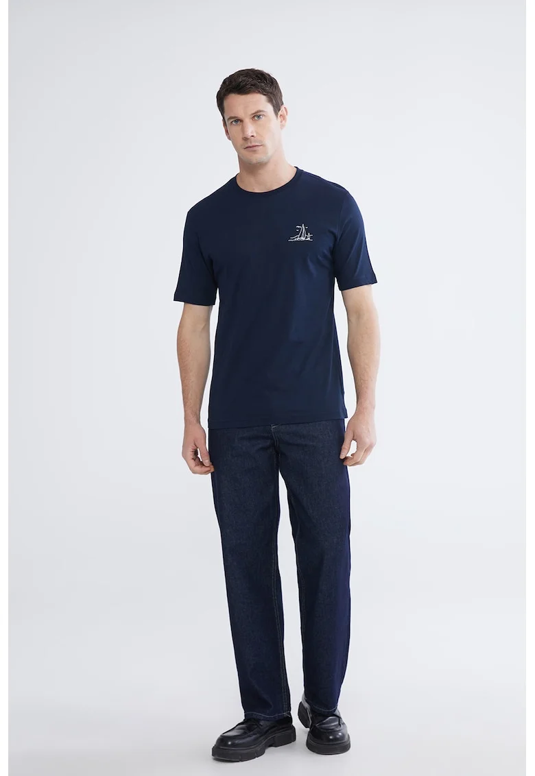 Tricou din bumbac cu decolteu la baza gatului si imprimeu discret, Alb/Albastru ultramarin