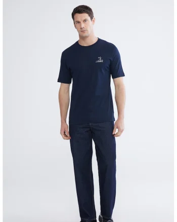 Tricou din bumbac cu decolteu la baza gatului si imprimeu discret, Alb/Albastru ultramarin