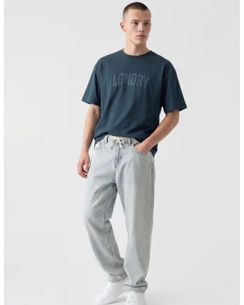Tricou cu decolteu la baza gatului si text, Albastru petrol
