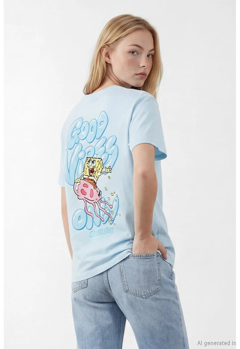 Tricou cu imprimeu grafic, Galben/Piersica/Albastru deschis