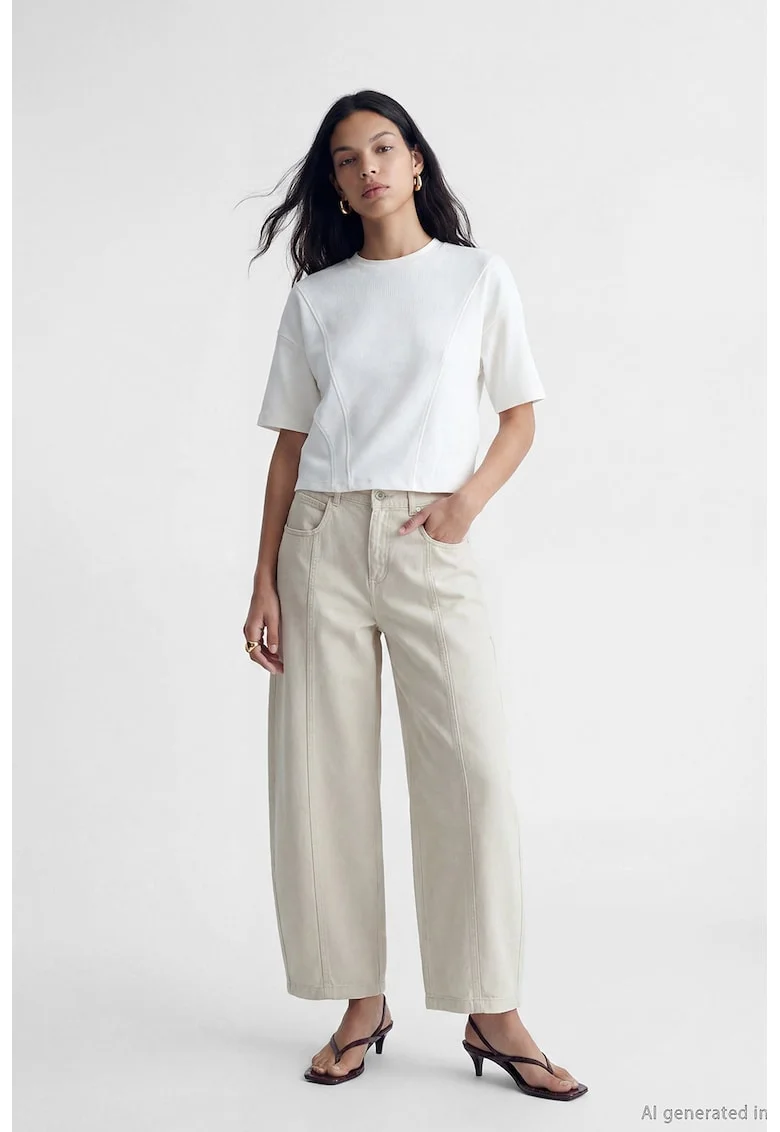 Blugi barrel fit cu talie inalta, Bej deschis