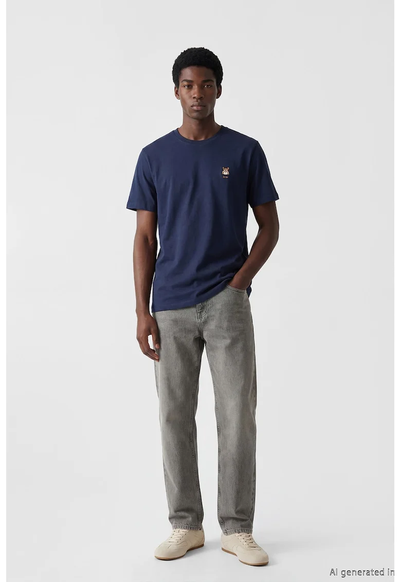 Tricou de bumbac cu broderie, Maro camel/Bleumarin
