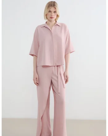Pantaloni cu croiala ampla si talie inalta, Roz deschis