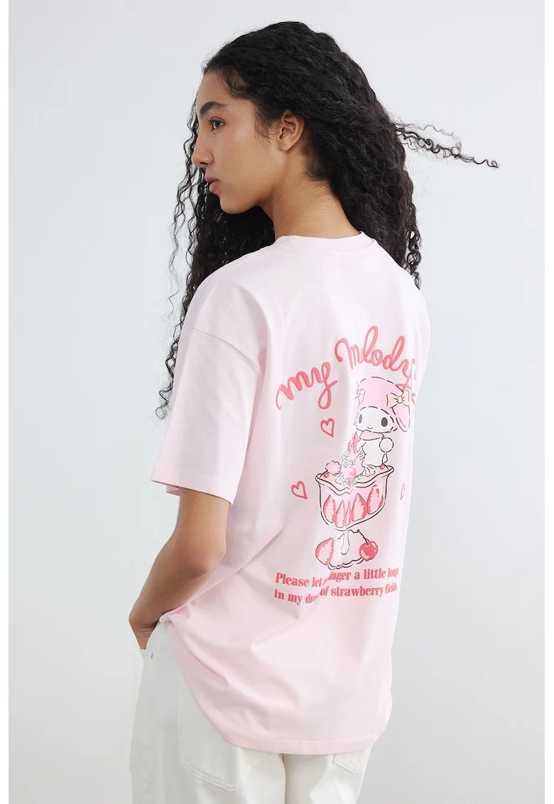 Tricou de bumbac cu imprimeu pe spate, Alb/Roz zmeuriu/Roz pal