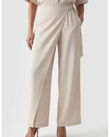 Pantaloni cu croiala ampla si talie inalta, Bej deschis