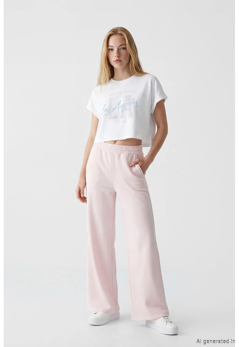 Pantaloni de trening cu croiala ampla si talie elastica, Roz pal