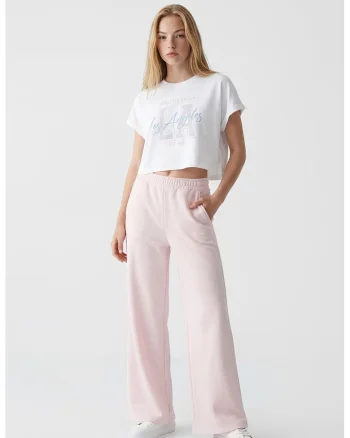 Pantaloni de trening cu croiala ampla si talie elastica, Roz pal