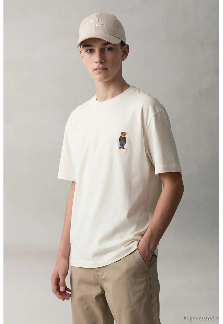 Tricou de bumbac cu broderie, Alb fildes/Maro