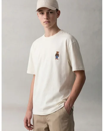Tricou de bumbac cu broderie, Alb fildes/Maro