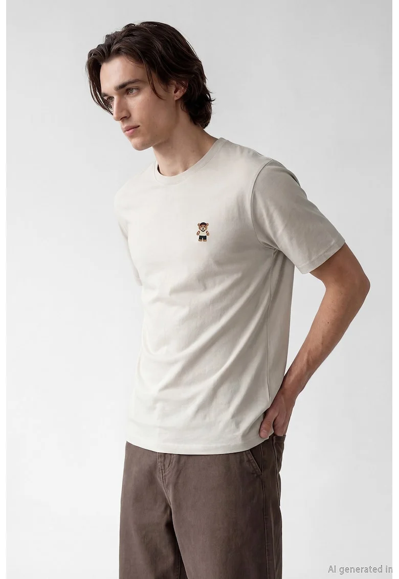 Tricou de bumbac cu broderie, Maro camel/Bej deschis