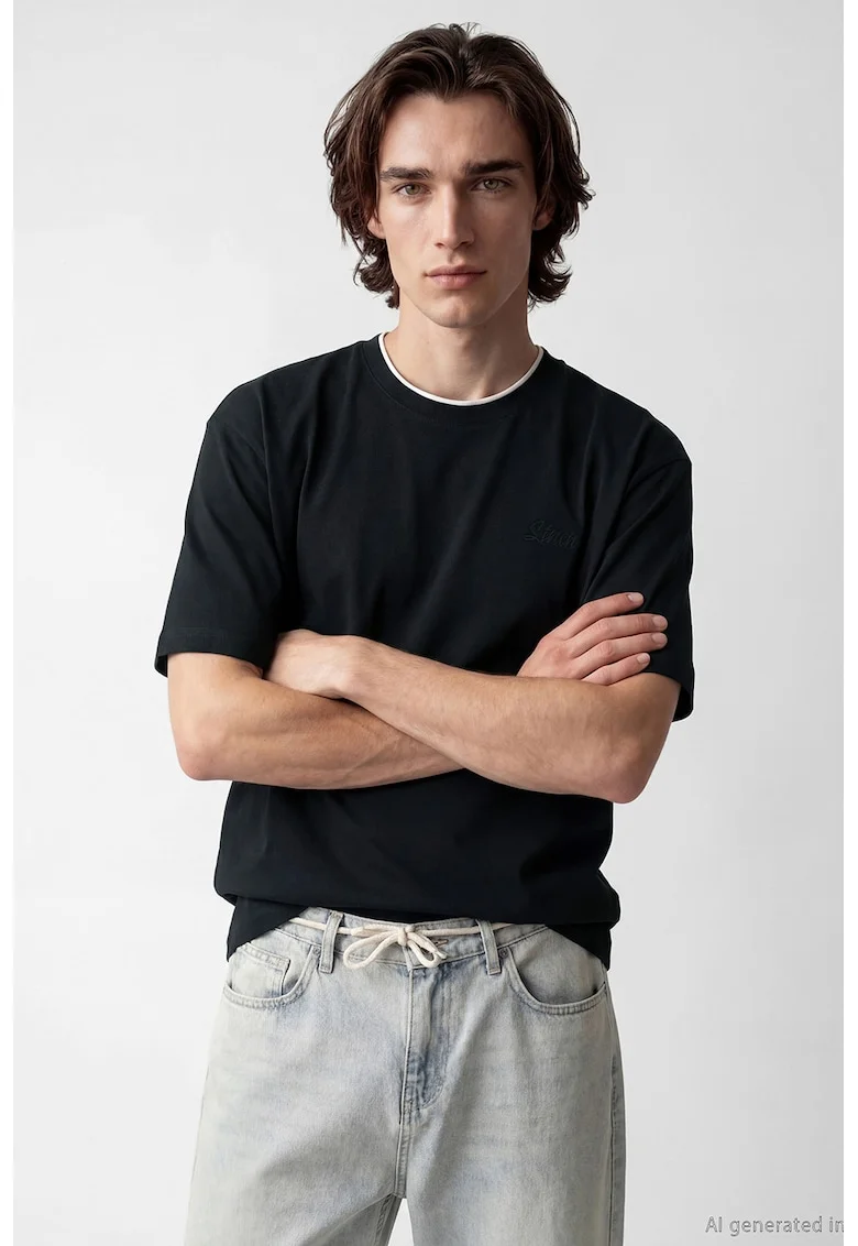 Tricou lejer cu decolteu la baza gatului, Negru