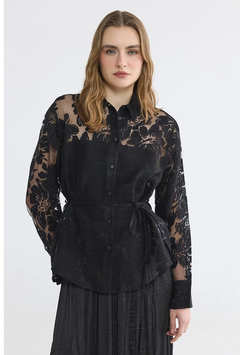 Camasa de plasa cu model floral, Negru