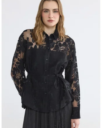 Camasa de plasa cu model floral, Negru