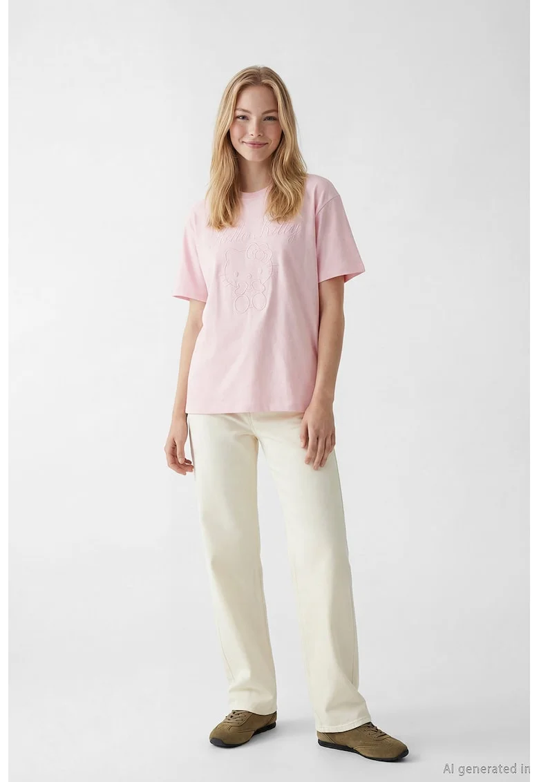 Tricou de bumbac cu broderie Hello Kitty, Nude rose