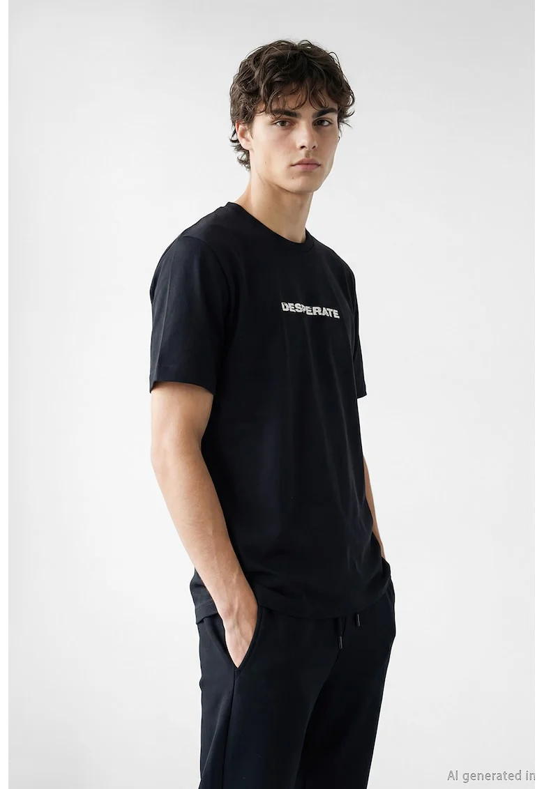 Tricou de bumbac cu imprimeu text, Alb/Negru