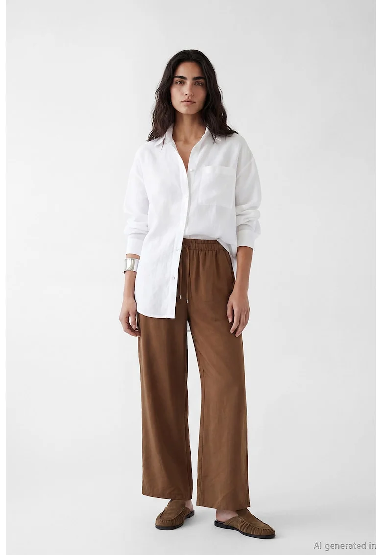 Pantaloni drepti din amestec de modal cu snur, Maro Siena