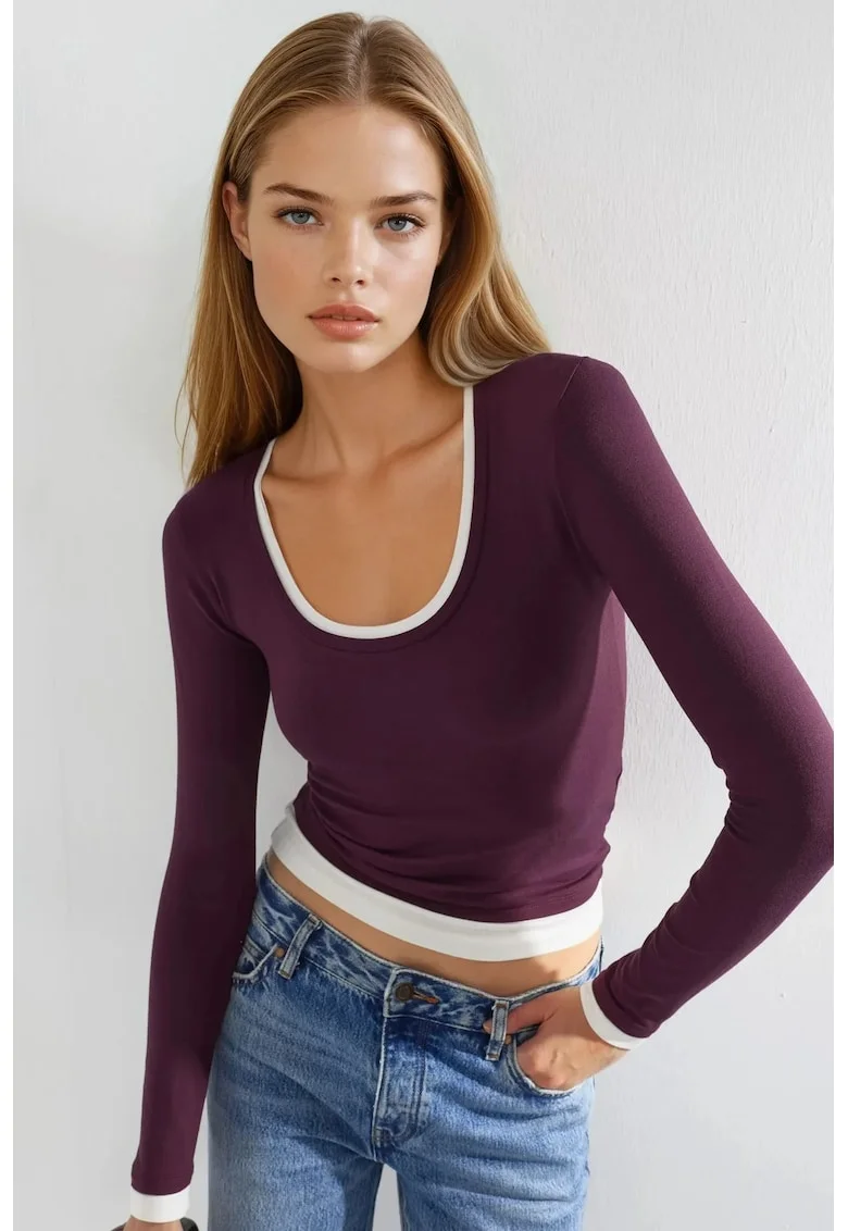 Bluza dama  maneca lunga, legatura contrastanta, mov, jerseu, Alb/Violet pruna