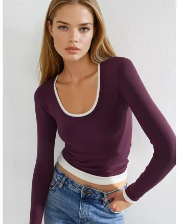 Bluza dama  maneca lunga, legatura contrastanta, mov, jerseu, Alb/Violet pruna