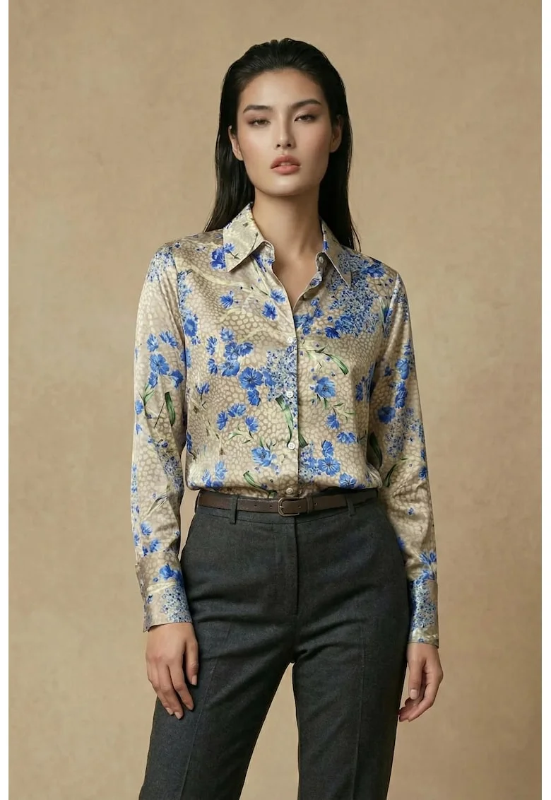 Camasa dama  cu imprimeu floral, Maro camel/Albastru