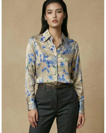 Camasa dama  cu imprimeu floral, Maro camel/Albastru