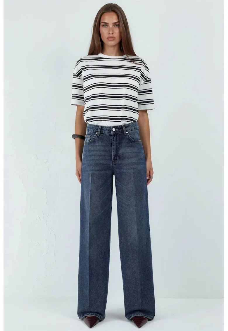 Blugi dama  croiala larga, denim albastru, Albastru inchis