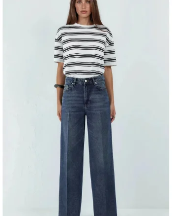 Blugi dama  croiala larga, denim albastru, Albastru inchis