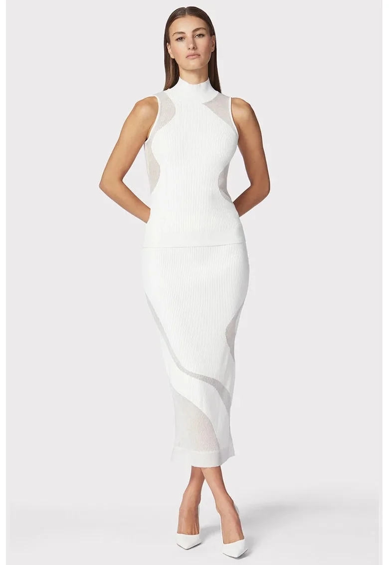Fusta midi din tricot elastic cu talie inalta, prevazuta cu detalii transparente, Alb