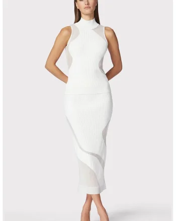 Fusta midi din tricot elastic cu talie inalta, prevazuta cu detalii transparente, Alb