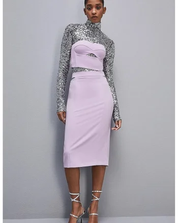 Fusta midi, slim fit, decupata lateral in talie, Lila