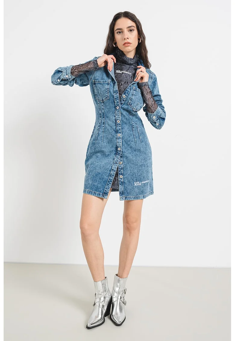 Rochie de denim cu buzunare pe piept, Albastru prafuit