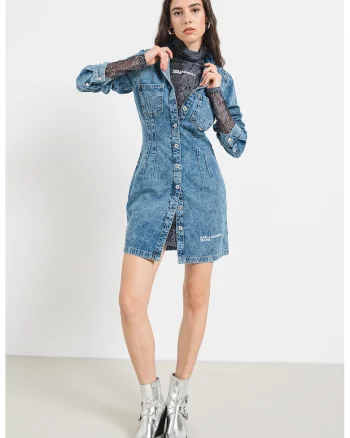 Rochie de denim cu buzunare pe piept, Albastru prafuit