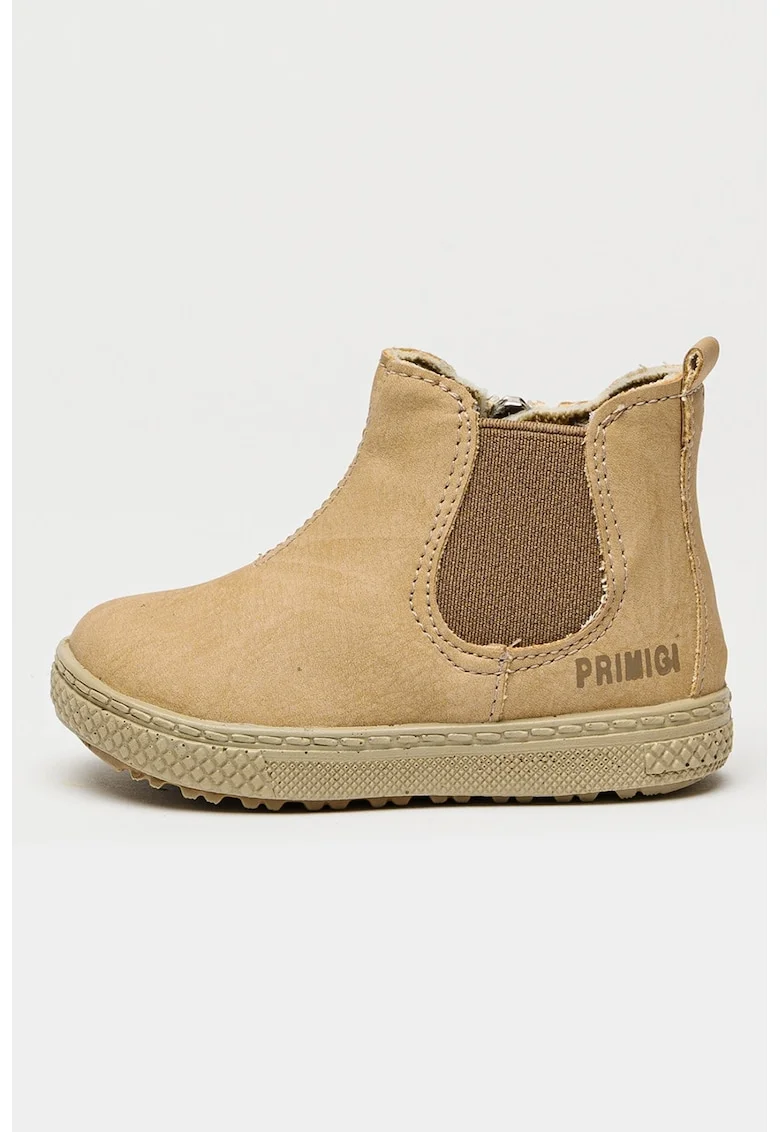Ghete de piele nabuc cu segmente din material textil, Maro nisip