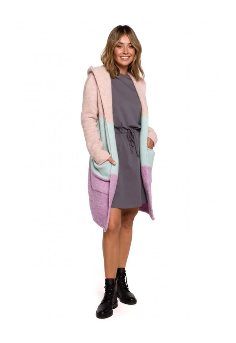 Cardigan cu gluga, Acril/Poliester/Lana, Bej/Mov/Albastru