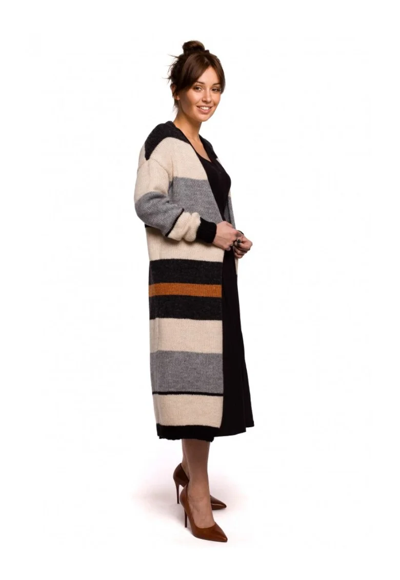 Cardigan cu dungi, Acril/Lana/Poliester, Negru/Bej/Gri