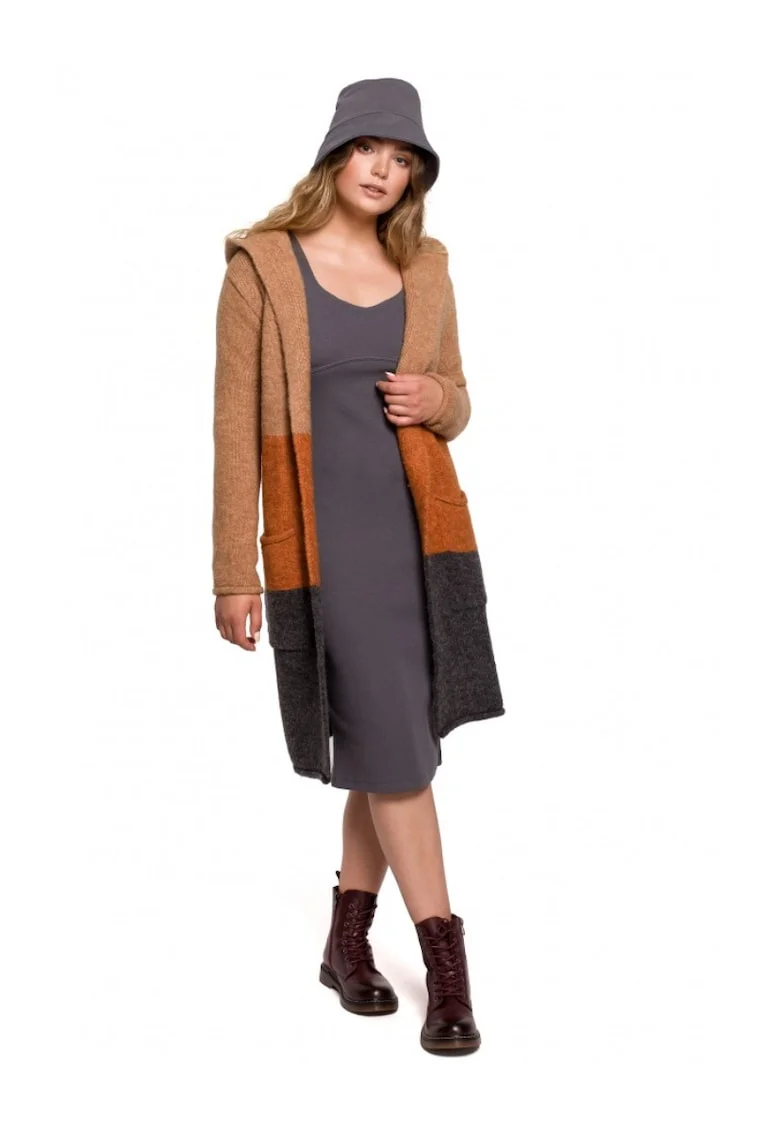 Cardigan cu gluga, Acril/Poliester/Lana, Negru/Portocaliu/Bej