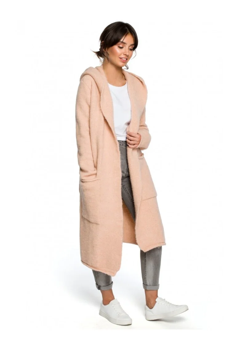 Cardigan cu gluga si buzunare laterale, Acril/Poliester/Lana, Roz,
