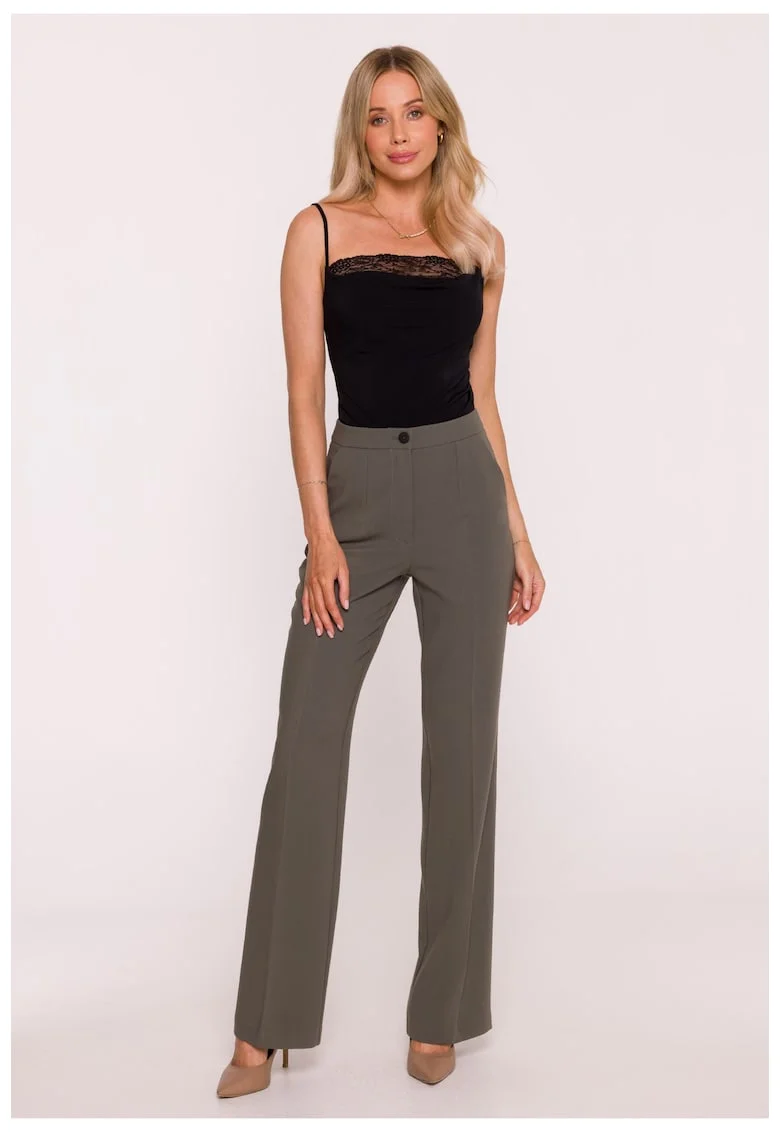Pantaloni pentru femei, S418 Kaki Pantaloni de costum, Talie medie,Picioare drepte, Buzunare laterale, Inchizatoare cu nasture si fermoar ascuns