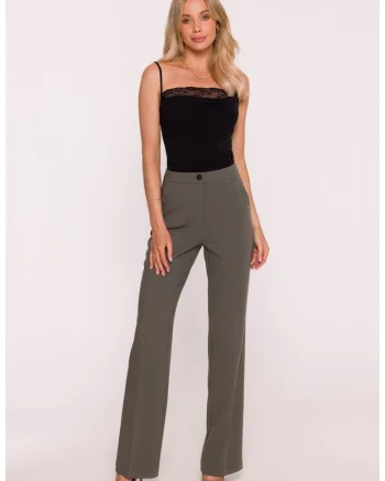 Pantaloni pentru femei, S418 Kaki Pantaloni de costum, Talie medie,Picioare drepte, Buzunare laterale, Inchizatoare cu nasture si fermoar ascuns