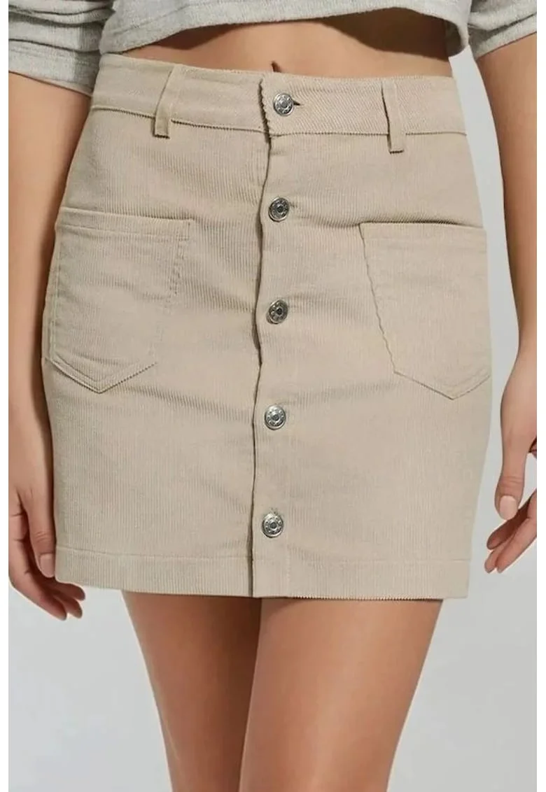 Fusta mini dreapta  talie inalta, inchidere cu nasturi, bej/ natural, textil