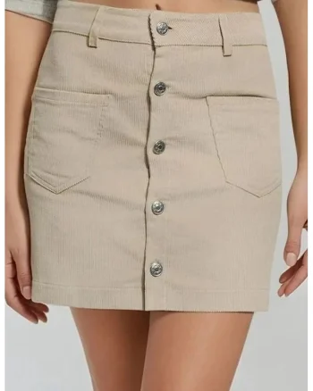 Fusta mini dreapta  talie inalta, inchidere cu nasturi, bej/ natural, textil