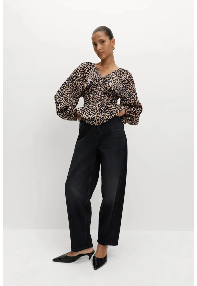 Bluza cu decolteu in V si animal print, Negru/Maro deschis