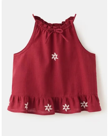 Top cu broderie, Alb/Rosu cireasa