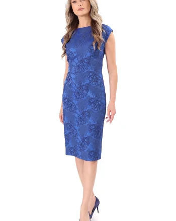 Rochie eleganta din brocart elastic cu motive florale, Albastru royal
