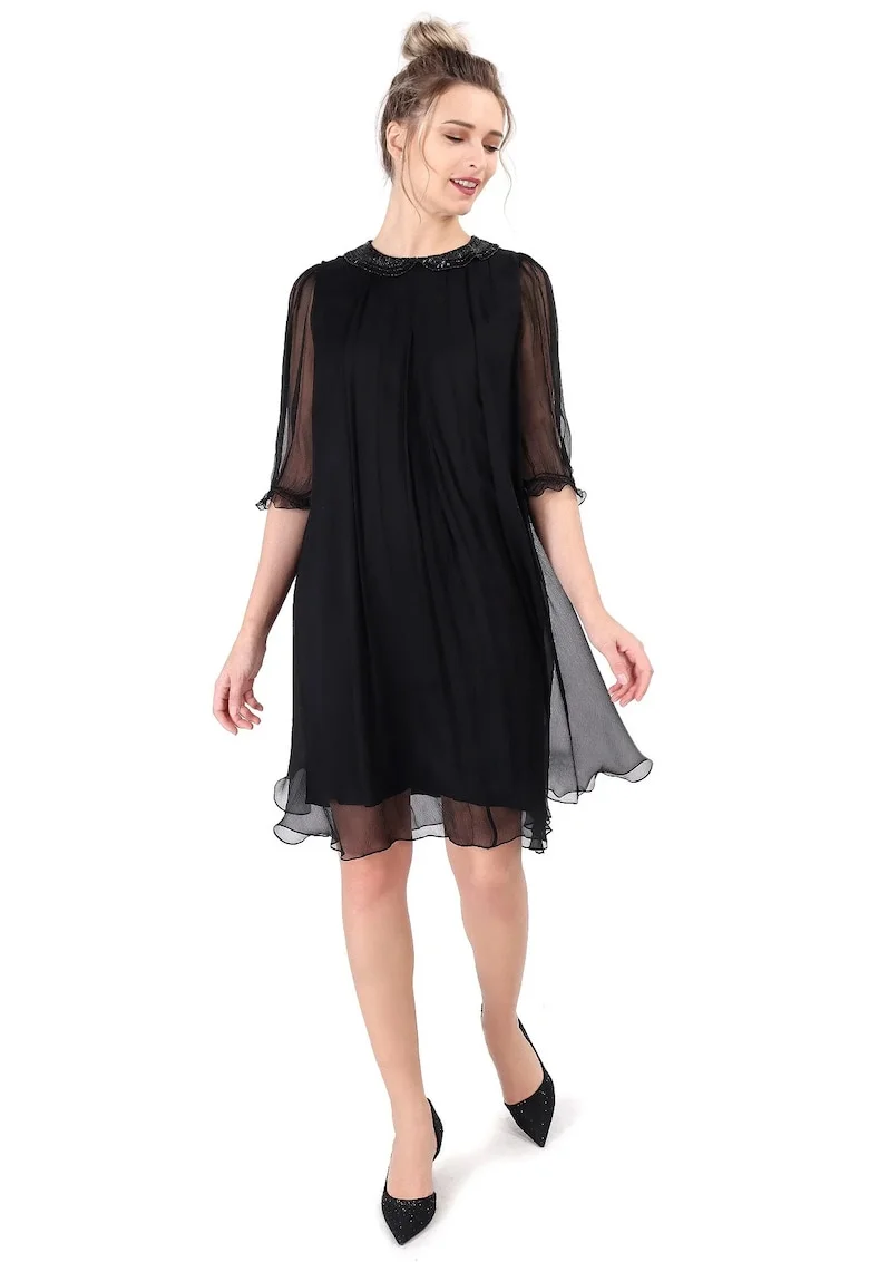 Rochie din voal de matase naturala cu guler de margele, Negru