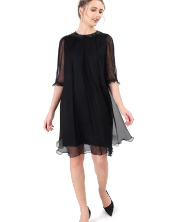 Rochie din voal de matase naturala cu guler de margele, Negru