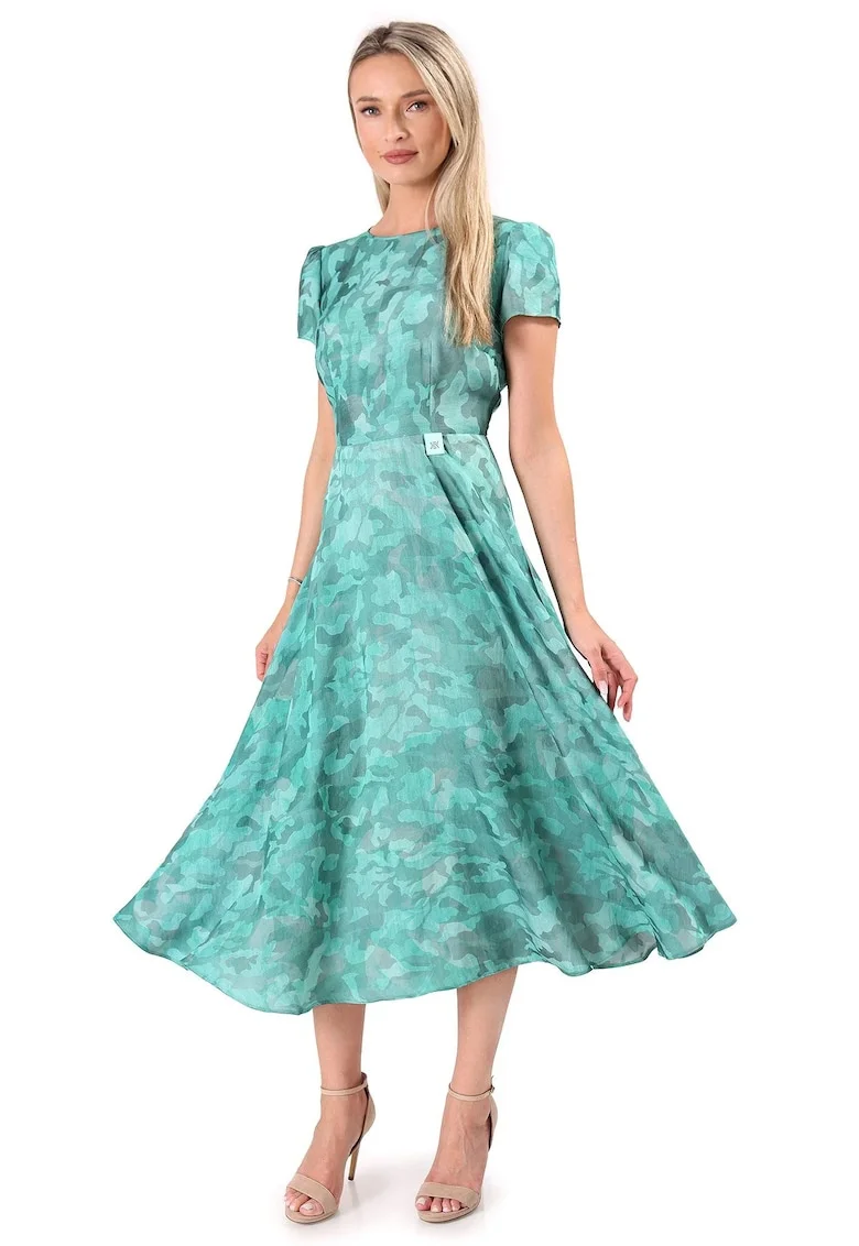 Rochie midi eleganta din viscoza imprimata, Turcoaz