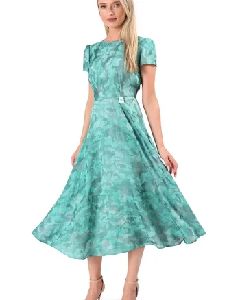 Rochie midi eleganta din viscoza imprimata, Turcoaz