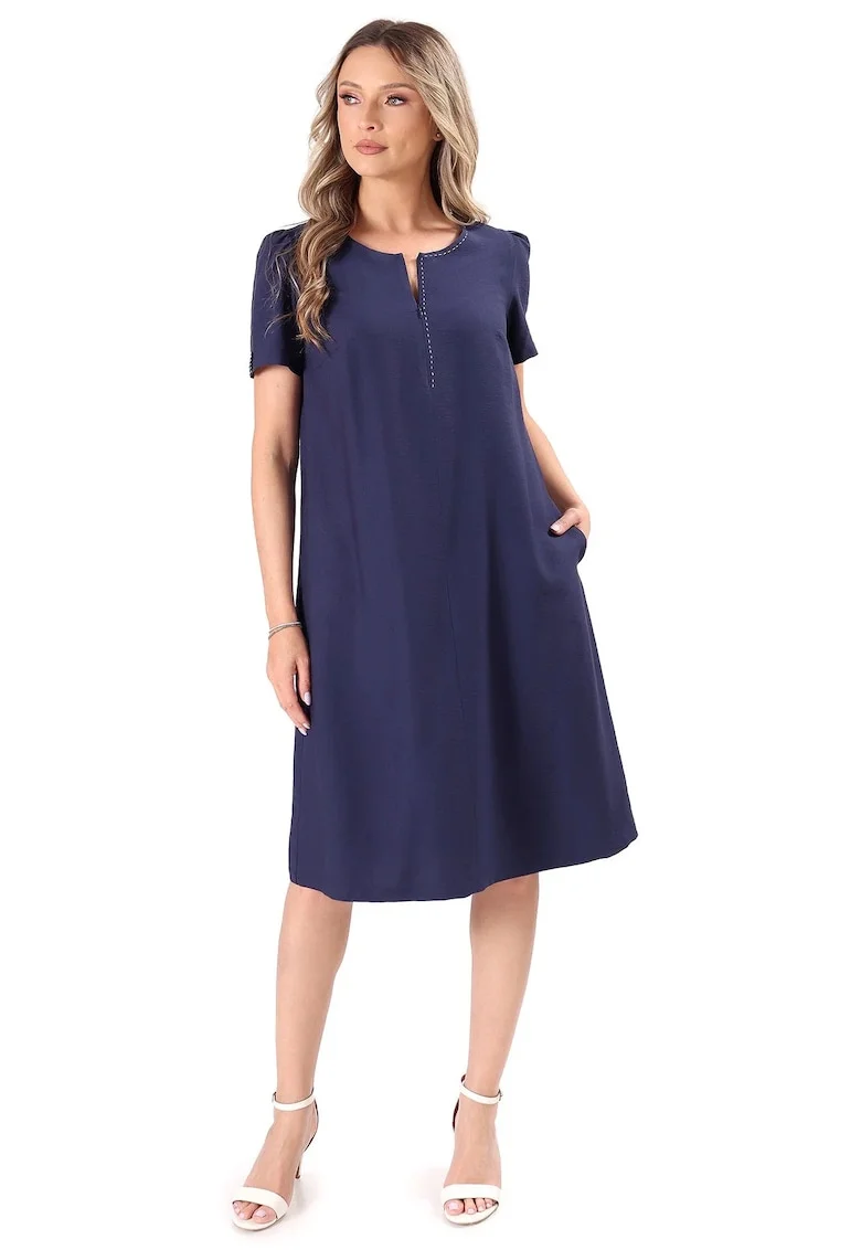Rochie evazata din viscoza usor creponata, Bleumarin