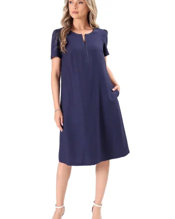 Rochie evazata din viscoza usor creponata, Bleumarin
