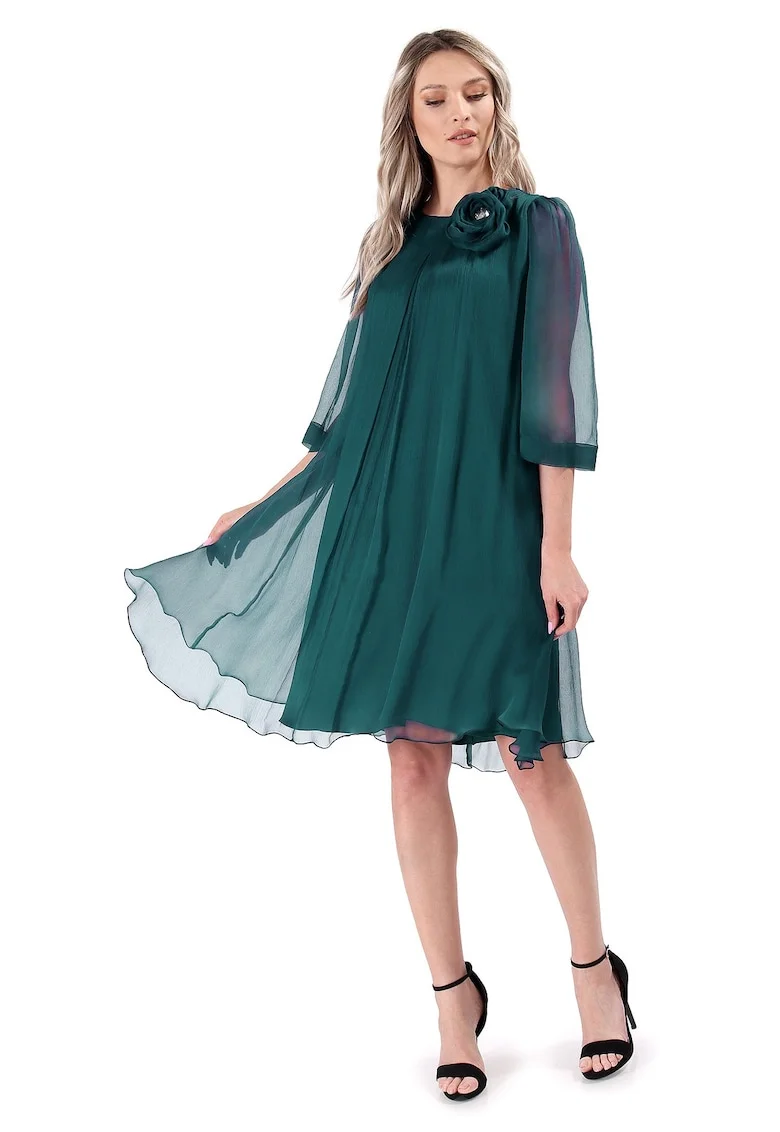 Rochie din voal de matase naturala cu brosa detasabila, Verde smarald